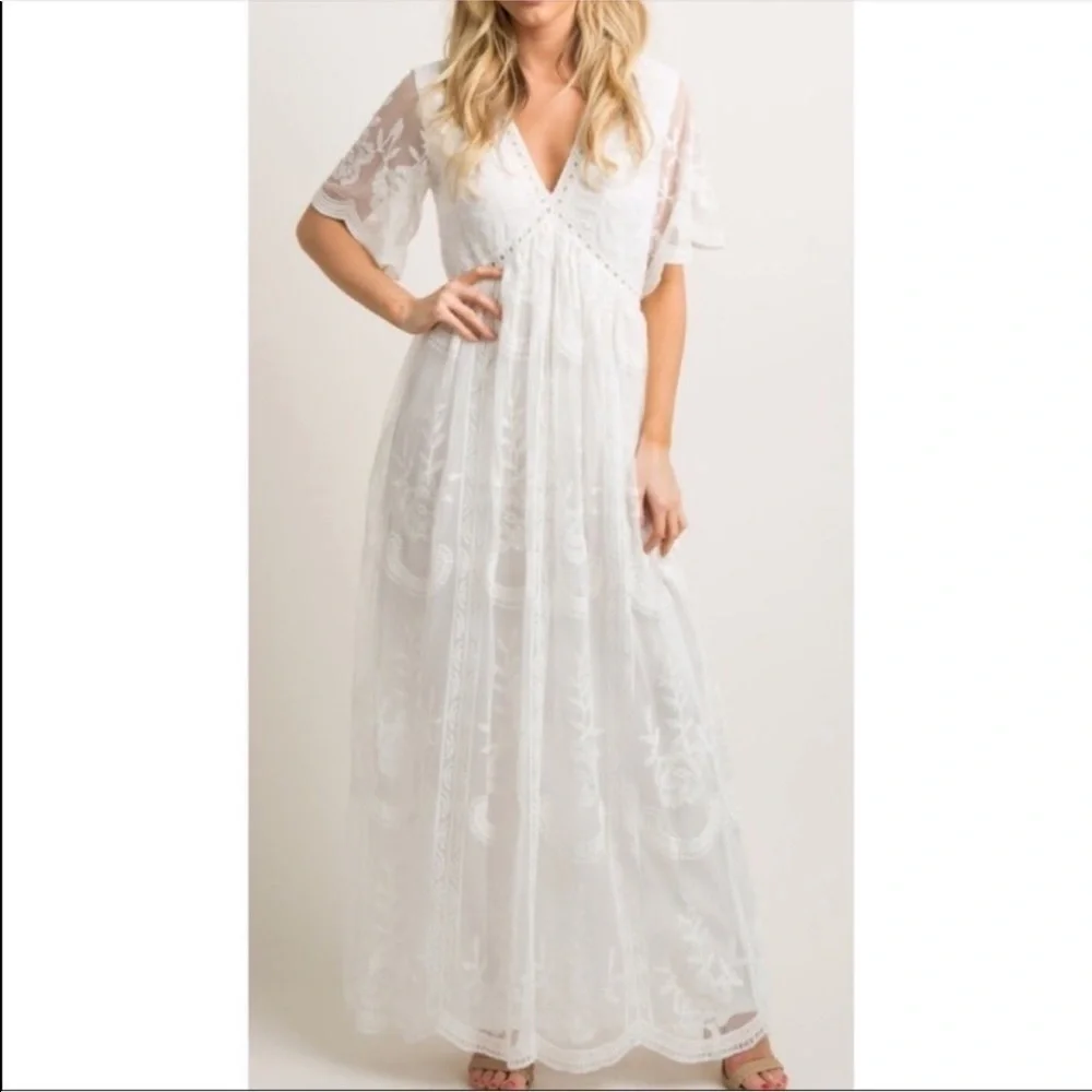 𝅺PinkBlush lace overlay maxi dress NWT